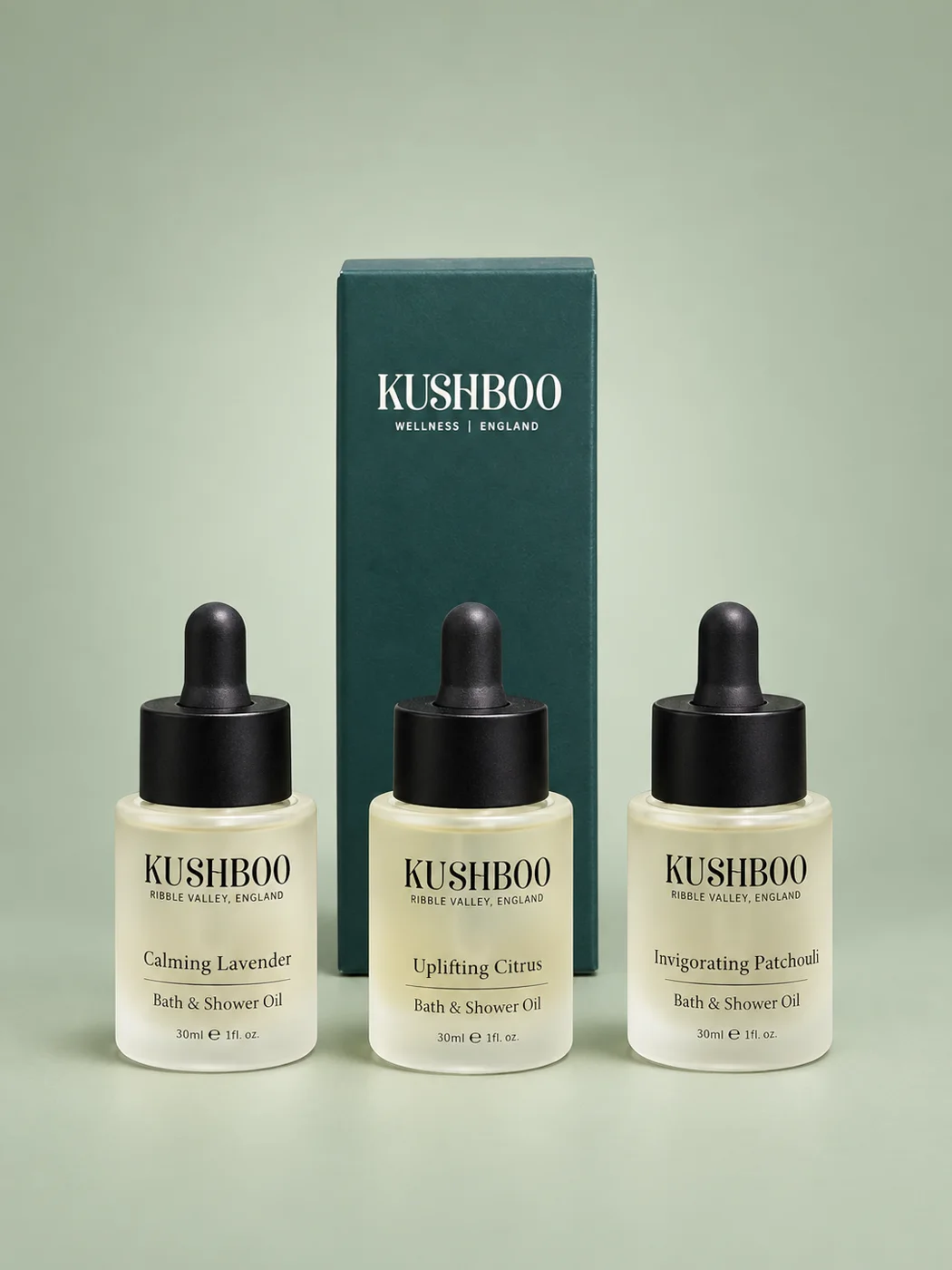KUSHBOO bath and shower oils with box on a soft sage background