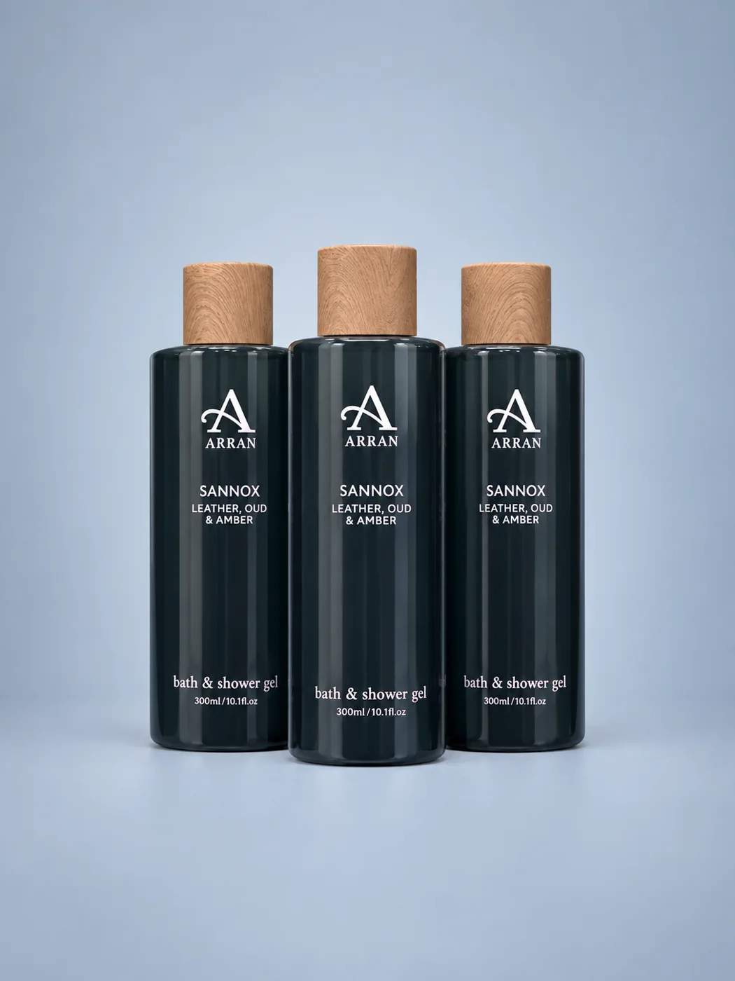 ARRAN Sannox men's bath and shower gels on a soft grey-blue background