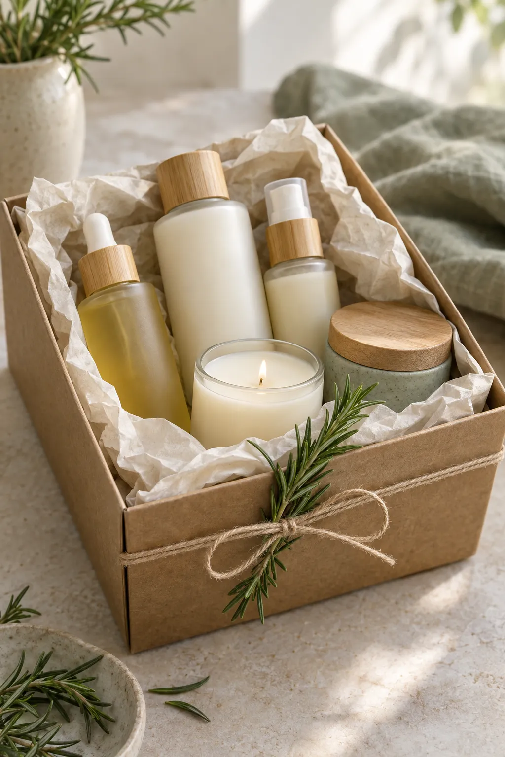 A kraft skincare gift box tied with twine and a sprig of rosemary