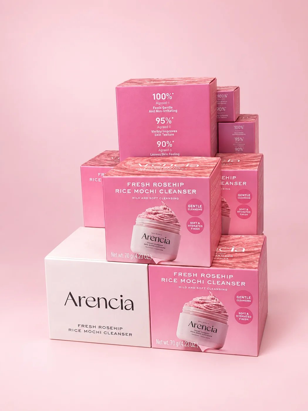 Arencia Fresh Rosehip Rice Mochi Cleanser boxes on a soft pink background