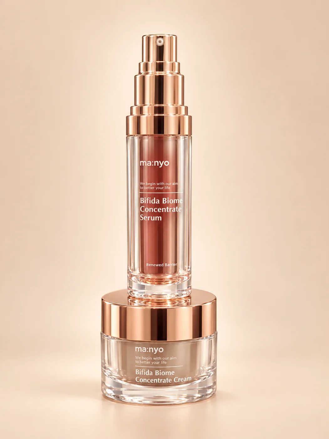 ma:nyo serum and cream stacked on a soft champagne background