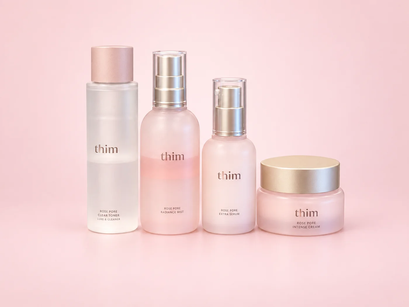 thim Rose Pore toner, mist, serum and cream on a soft pink background